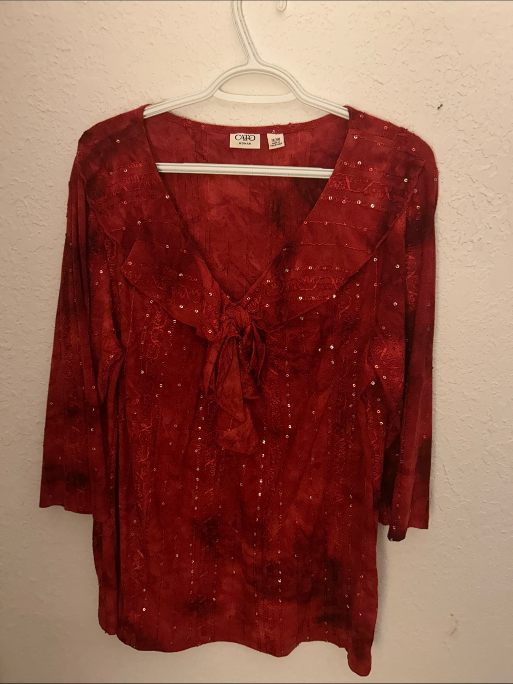 Cato Beautiful Red Sequin Tie-Front Ruffle Blouse. 14-16